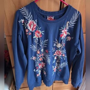Johnny Was LA Women's Navy Blue Floral Embroidered Sweatshirt Size XL
